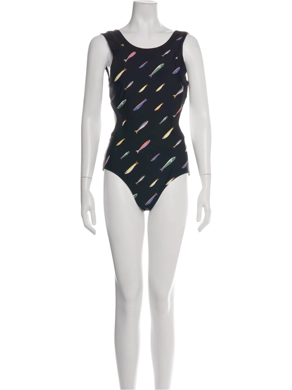 STAUD Black One-Piece Swimsuit with Multicolor Fish Print Dolce NWT